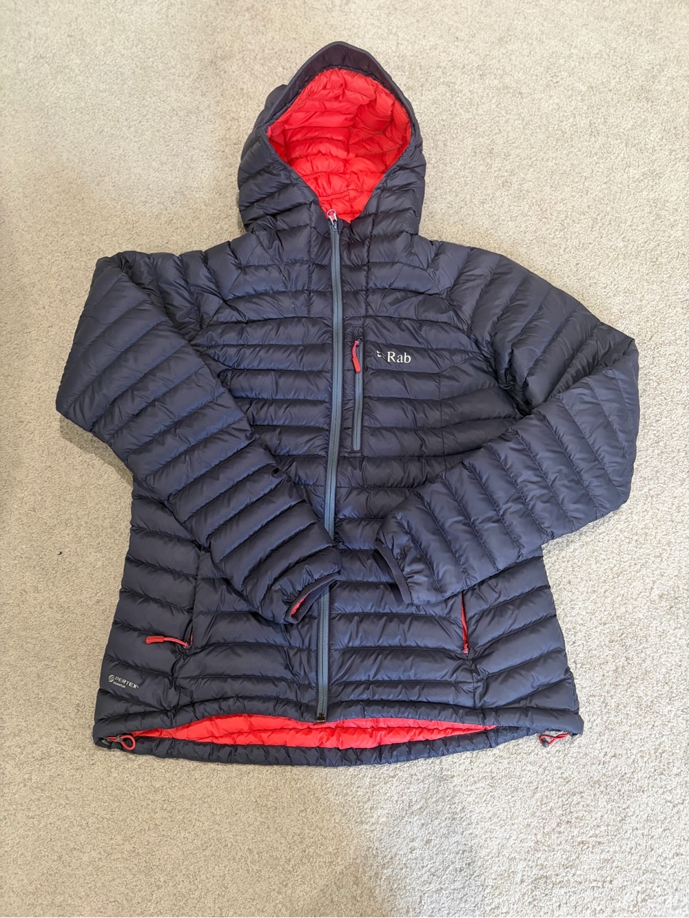 Rab Hooded Down Puffer Jacket, Women’s Large, Blue w/Red Lining, Pockets, Mint